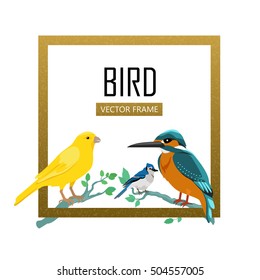 Birds frame vector. Colored wildlife concept in flat design. Word fauna illustration for nature concepts, posters, childrens book illustrating. Canary, kingfisher, blue jay seating on tree brunches.