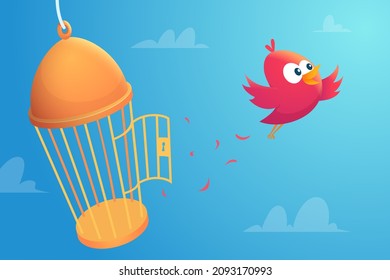 Birds freedom. Cute little flying birds go away from cage opening locked way concept escape prisoner exact vector cartoon background