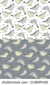 Birds fun seamless pattern. Doodle hand drawn cartoon style design. Grey, beige, yellow color palette. Transparent background. Vector illustration