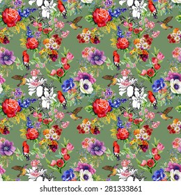 Birds with garden flowers, tulips, rose, watercolor seamless pattern on green background vector illustration