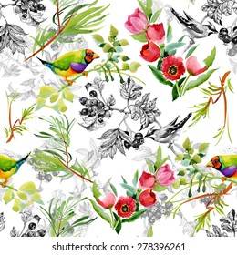 Birds with garden flowers watercolor seamless pattern on white background vector illustration