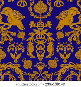 Birds in the garden. Slavic, Scandinavian, rustic pattern. Vector seamless pattern. For print, design, wallpaper, fabric, paper. Gold and blue