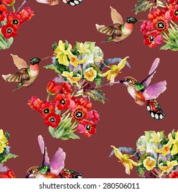 Birds with garden watercolor flowers seamless pattern on brown background vector illustration