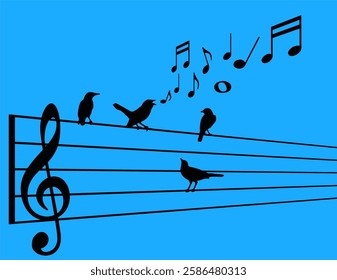 Birds gather around a talented song bird who sings as they all sit on a musical treble clef staff in this illustration.