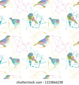 Birds. Geometrical figures and lines. Seamless vector pattern (background).