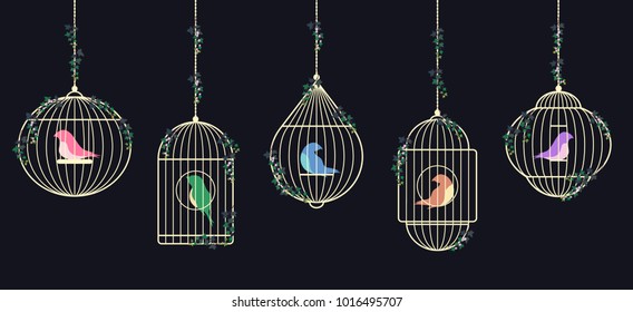 Birds in golden cages. Vector.