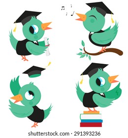 Birds with graduation hats and gowns. Vector illustration.