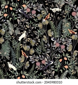 Birds and green leaves on black background. Seamless vector pattern. Surface design for fabric, wallpaper, scrapbooking, invitation card. 