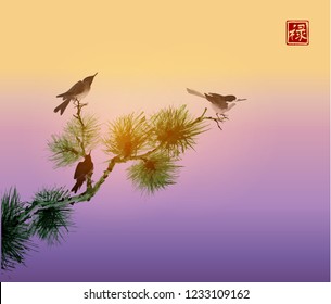 Birds and green pine tree branch. Traditional oriental ink painting sumi-e, u-sin, go-hua on sunset background.  Hieroglyph - well-being