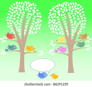 birds greeting summer card tree and white leaves. vector