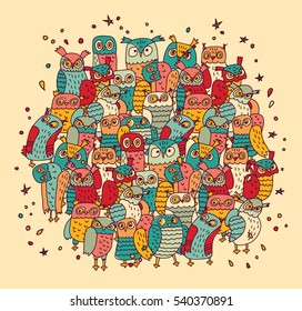 Birds group color owls. Color vector illustration. EPS8