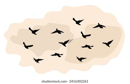 Birds group flying against the cloudy sky Bird flock silhouette at dawn or sunset isolated on pink background. Vector minimalistic illustration. Symbol of animal. Natural journey. Outdoors. Flight.