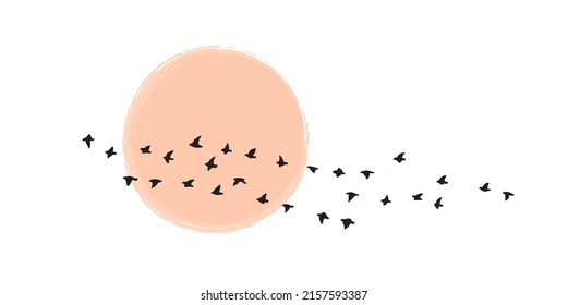 Birds group flying against the sun or moon. Bird flock silhouette at dawn or sunset isolated on white background. Vector minimalistic illustration.