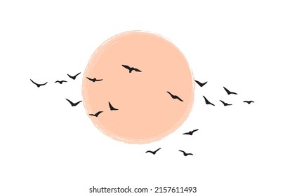 Birds group flying against the sun moon  Bird flock silhouette at dawn sunset isolated white background  Vector minimalistic illustration 