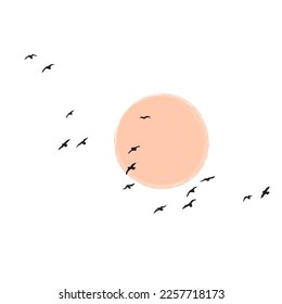 Birds group flying against the sun or moon. Bird flock silhouette at dawn or sunset isolated on white background. Vector minimalistic illustration.