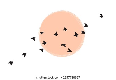 Vogelgruppe, die gegen die Sonne oder den Mond fliegt. Vogelherde Silhouette bei Morgengrauen oder Sonnenuntergang einzeln auf weißem Hintergrund. Vektorminimalistische Illustration.