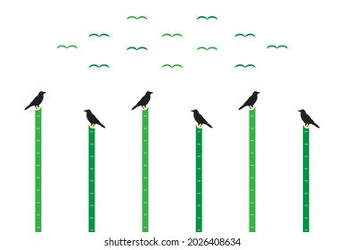 Birds group vector illustration. Birds are sitting on the wood stick. Flying birds.