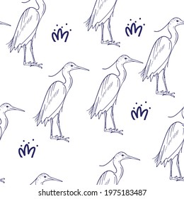  Birds hand drawn background seamless pattern Heron sketch vector print textile
