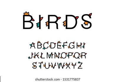 Birds hand drawn vector font type in cartoon comic style wing and beak colorful lettering