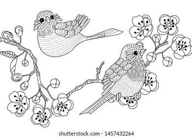 Birds hand drawn in vintage style with flowers. Spring birds sitting on blossom branches of cherry. Linear engraved art. Bird concept. Romantic concept. Vector design