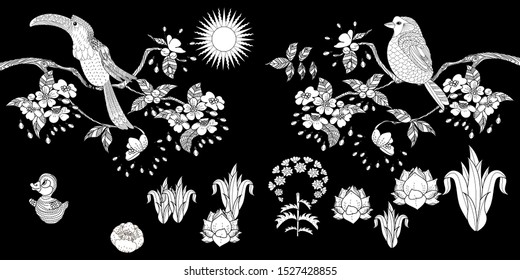 Birds hand drawn in vintage style with flowers. Spring birds sitting on blossom branches of cherry. Linear engraved art. Bird concept. Romantic concept. Vector design