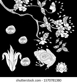 Birds hand drawn in vintage style with flowers. Duckd and blossom branches of cherry. Linear engraved art. Bird concept. Romantic concept. Vector design