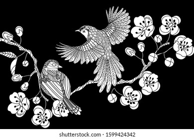Birds hand drawn in vintage style with flowers. Duckd and blossom branches of cherry. Linear engraved art. Bird concept. Romantic concept. Vector design