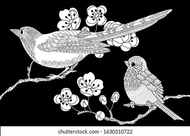 Birds hand drawn in vintage style with flowers. Spring birds and blossom branches of cherry. Linear engraved art. Bird concept. Romantic concept. Vector design