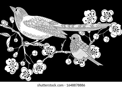 Birds hand drawn in vintage style with flowers. Duckd and blossom branches of cherry. Linear engraved art. Bird concept. Romantic concept. Vector design