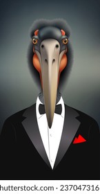 Bird's head. Vector illustration of a stork dressed in a tuxedo. Sketch for creativity.