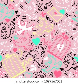 Birds with heart and flowers. Hand-drawn seamless pattern.