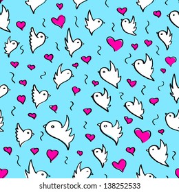 birds heart fly group element color sketch seamless pattern background blue