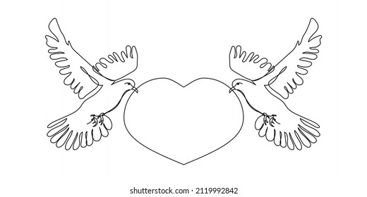 Birds with heart line art. Continuous line drawing of two doves keep the word love, birds, feelings, love, relationships, passion.