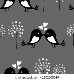 The birds and heart over head and trees to make a background and backdrop. To use card. Seamless pattern. Vector and illustrator.