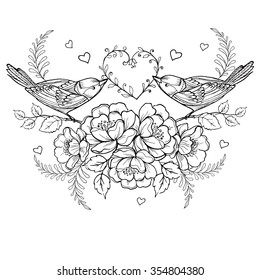 Birds with heart and roses for the anti stress coloring page.