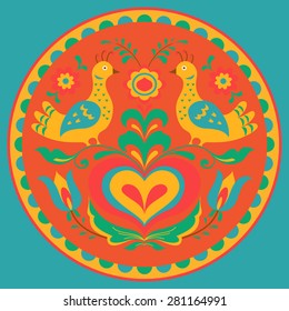 Birds and heart vector illustration naive folk style