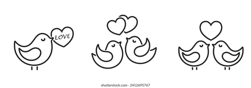 birds with hearts line icon set. love and romantic symbols. vector elements for valentines day design