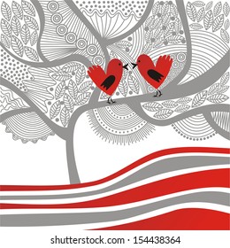 Birds hearts red tree pattern valentines day card vector illustration