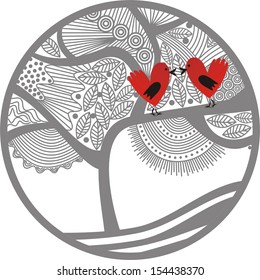Birds hearts red tree pattern valentines day card vector illustration