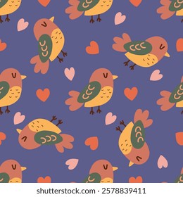 Birds and hearts. Seamless pattern of cute birds and hearts on blue background. Perfect for nursery decor, fabrics, wrapping paper, wallpapers and cheerful designs with birds. Vector illustration.