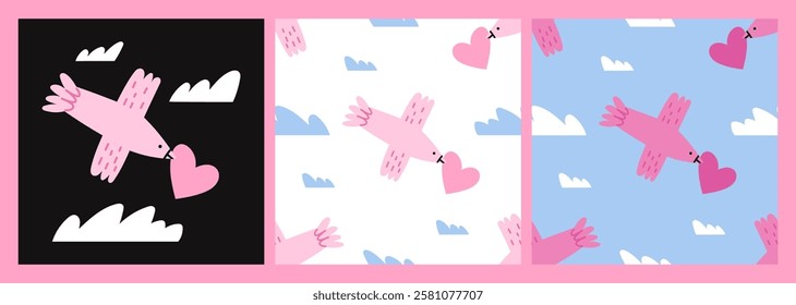 Birds and hearts seamless pattern set. Flying bird illustration. Valentines day decor. Vector illustration.