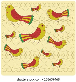 a lot of birds with hearts in a yellow background