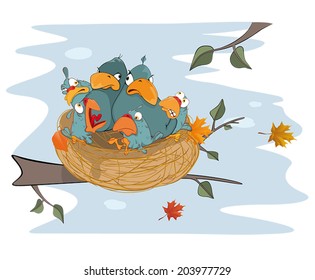 Birds with her four babies in the nest  cartoon