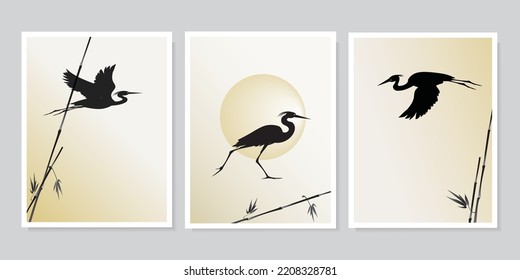 Birds herons (storks, cranes), reeds and the sun isolated on light gray background. Vector silhouette wall art drawings set for wall design, wallpapers, poster, covers, other.