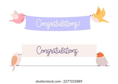 Birds holding congratulations banners. Bird and congratulatory banner, flat cartoon flying animals. Birthday, anniversary, opening, win, vector graphic elements