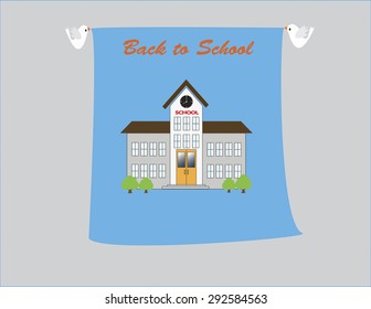Birds holding a sign with text message stating back to school with building. Vector illustration format. 