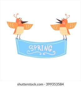Birds Holding Spring Banner Funny Childish Colorful Flat Vector Illustration On White Background