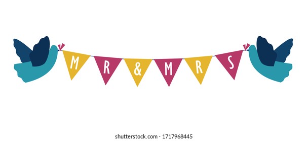 Birds Holding Wedding Bunting Flags with Mr and Mrs