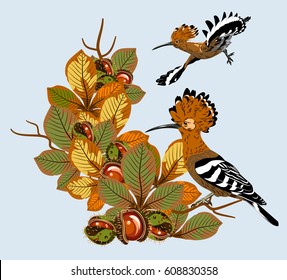 Birds of hoopoes in the branches of chestnut