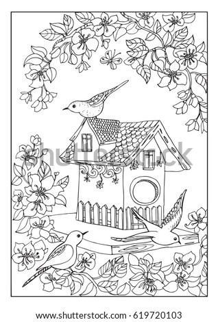 Birds House  Coloring Page Stock Vector Royalty Free 